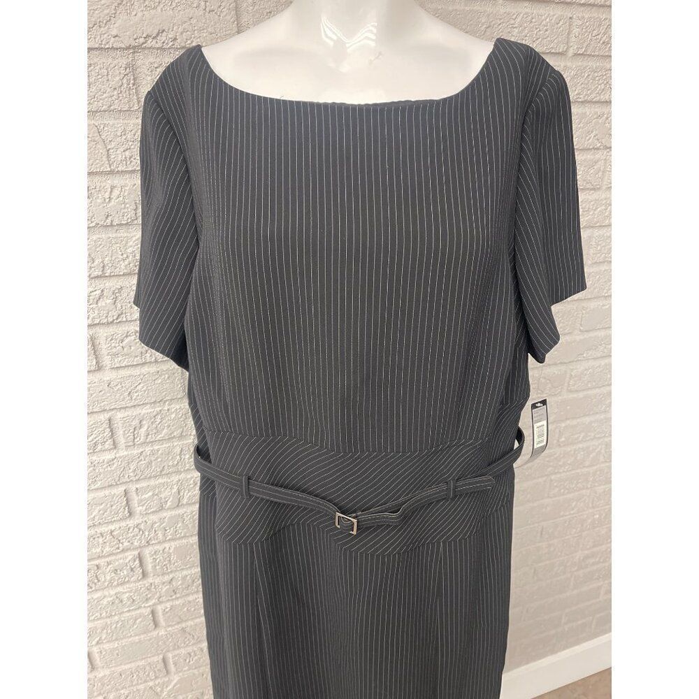 NWT Tahari Women ASL Black Pinstriped Square Neckline Short Sleeve Self-Belted M - Picture 5 of 8